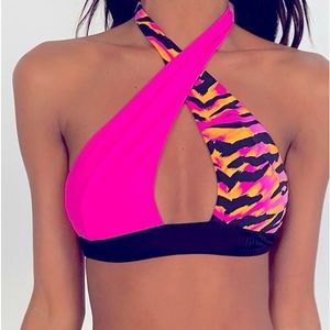 Beach Bunny hot pink animal print cross over halter bikini top NWT